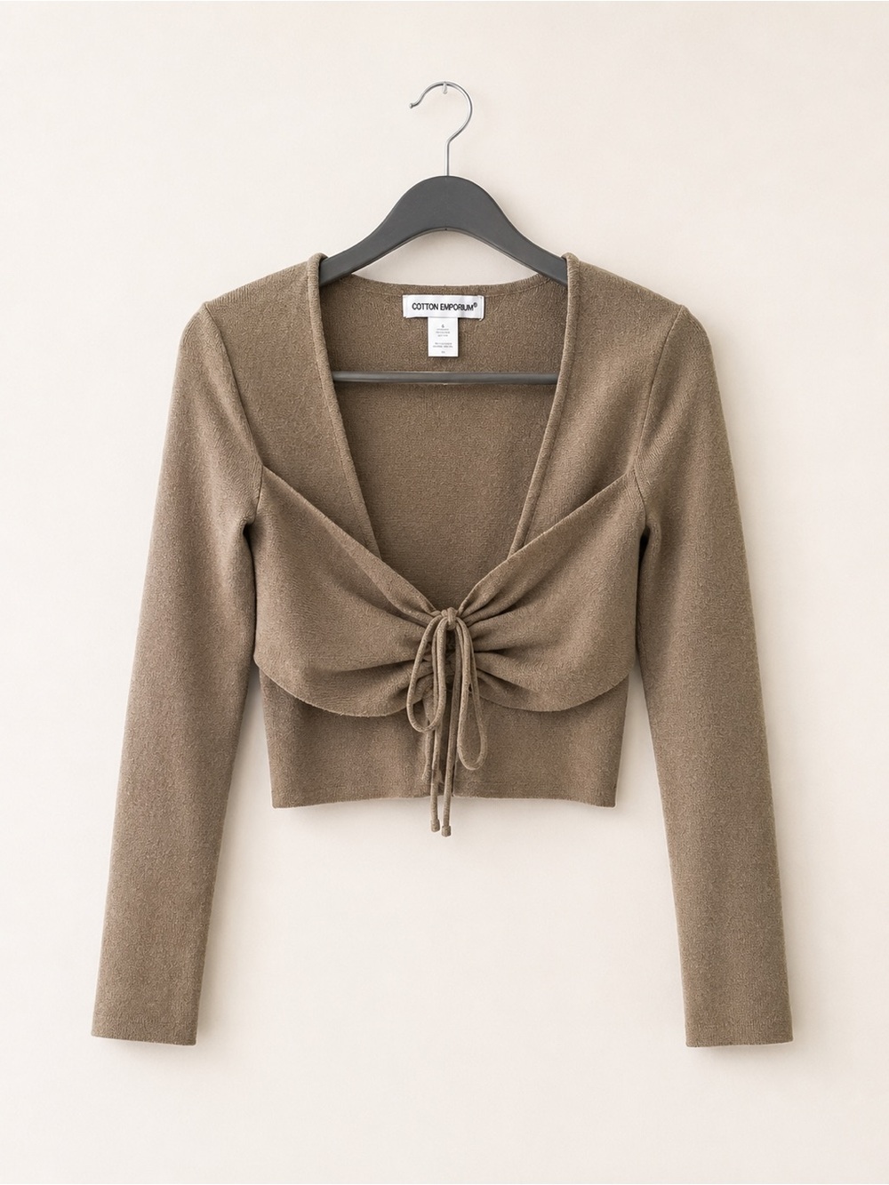 Cotton Emporium Olive Green Tie-Front Long Sleeve Crop Top